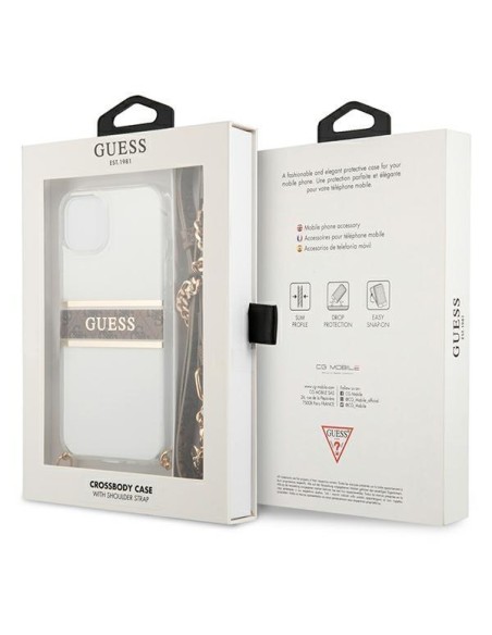 Guess 4G Brown Strap Gold Chain dėklas iPhone 13 mini - skaidrus Guess 4G Brown Strap Gold Chain dėklas iPhone 13 mini - skaidrus