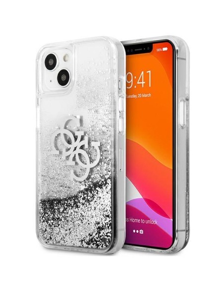 Guess 4G Big Liquid Glitter dėklas iPhone 13 mini - sidabrinis Guess 4G Big Liquid Glitter dėklas iPhone 13 mini - sidabrinis