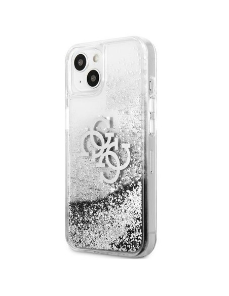 Guess 4G Big Liquid Glitter dėklas iPhone 13 mini - sidabrinis Guess 4G Big Liquid Glitter dėklas iPhone 13 mini - sidabrinis