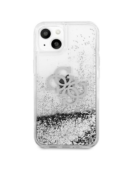 Guess 4G Big Liquid Glitter dėklas iPhone 13 mini - sidabrinis Guess 4G Big Liquid Glitter dėklas iPhone 13 mini - sidabrinis