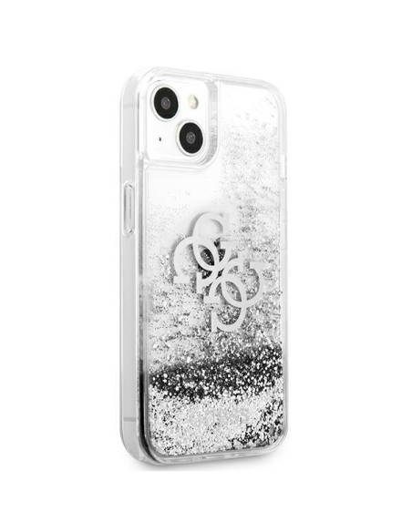 Guess 4G Big Liquid Glitter dėklas iPhone 13 mini - sidabrinis Guess 4G Big Liquid Glitter dėklas iPhone 13 mini - sidabrinis