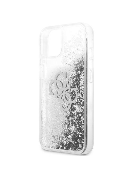Guess 4G Big Liquid Glitter dėklas iPhone 13 mini - sidabrinis Guess 4G Big Liquid Glitter dėklas iPhone 13 mini - sidabrinis