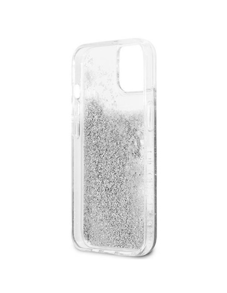 Guess 4G Big Liquid Glitter dėklas iPhone 13 mini - sidabrinis Guess 4G Big Liquid Glitter dėklas iPhone 13 mini - sidabrinis