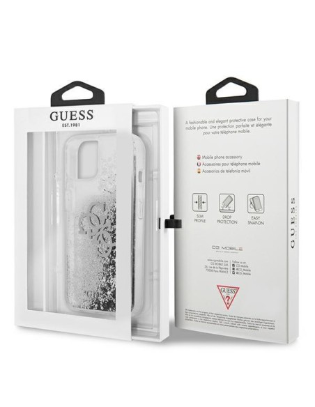 Guess 4G Big Liquid Glitter dėklas iPhone 13 mini - sidabrinis Guess 4G Big Liquid Glitter dėklas iPhone 13 mini - sidabrinis