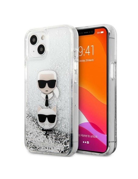 Karl Lagerfeld Liquid Glitter Karl&Choupette Head dėklas iPhone 13 mini - sidabrinis Karl Lagerfeld Liquid Glitter Karl&Choupette Head dėklas iPhone 13 mini - sidabrinis