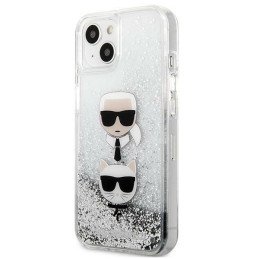 Karl Lagerfeld Liquid Glitter Karl&Choupette Head dėklas iPhone 13 mini - sidabrinis