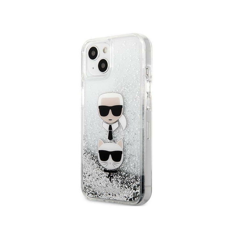 Karl Lagerfeld Liquid Glitter Karl&Choupette Head dėklas iPhone 13 mini - sidabrinis