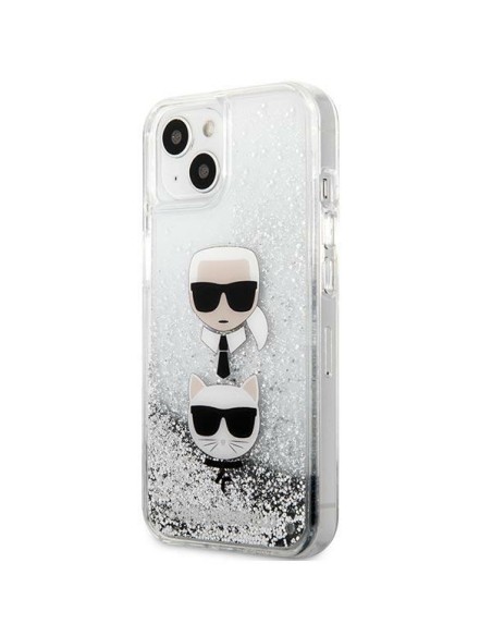 Karl Lagerfeld Liquid Glitter Karl&Choupette Head dėklas iPhone 13 mini - sidabrinis Karl Lagerfeld Liquid Glitter Karl&Choupette Head dėklas iPhone 13 mini - sidabrinis