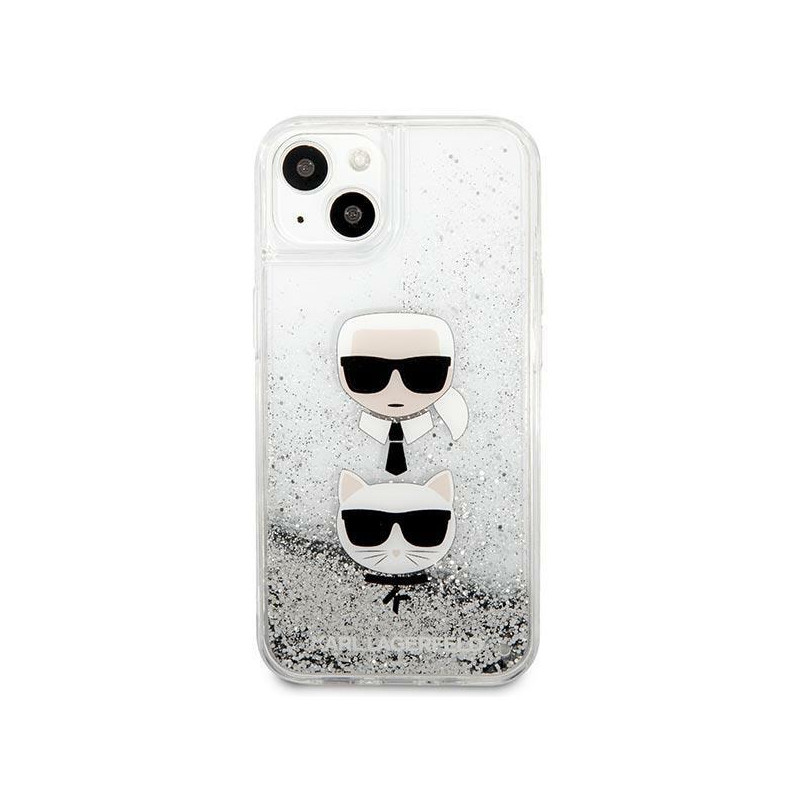 Karl Lagerfeld Liquid Glitter Karl&Choupette Head dėklas iPhone 13 mini - sidabrinis