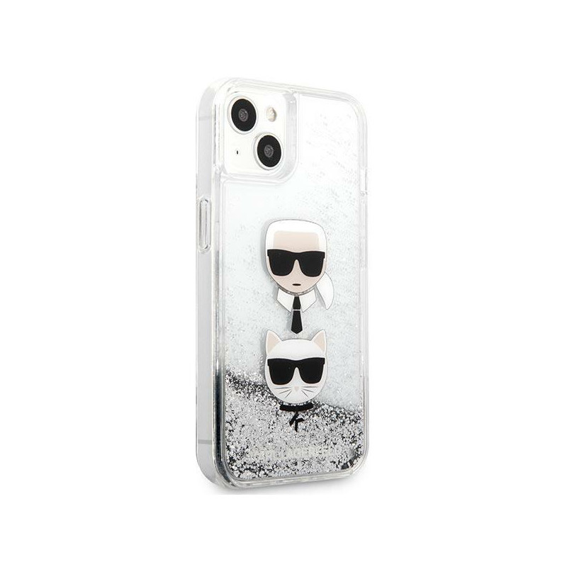 Karl Lagerfeld Liquid Glitter Karl&Choupette Head dėklas iPhone 13 mini - sidabrinis