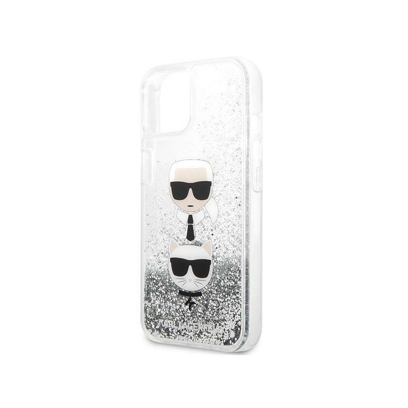 Karl Lagerfeld Liquid Glitter Karl&Choupette Head dėklas iPhone 13 mini - sidabrinis
