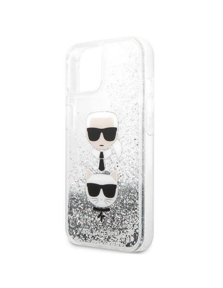 Karl Lagerfeld Liquid Glitter Karl&Choupette Head dėklas iPhone 13 mini - sidabrinis Karl Lagerfeld Liquid Glitter Karl&Choupette Head dėklas iPhone 13 mini - sidabrinis
