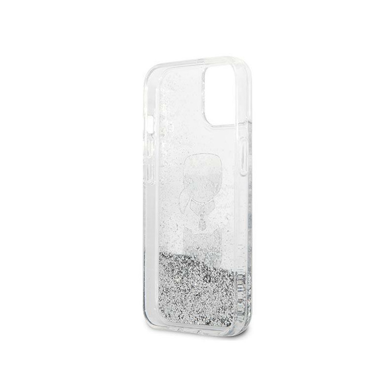 Karl Lagerfeld Liquid Glitter Karl&Choupette Head dėklas iPhone 13 mini - sidabrinis