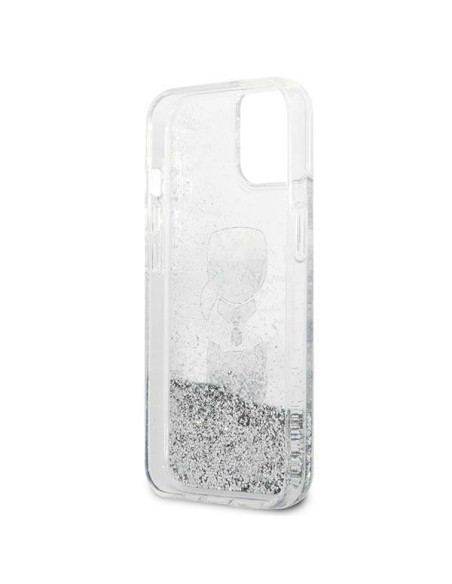 Karl Lagerfeld Liquid Glitter Karl&Choupette Head dėklas iPhone 13 mini - sidabrinis Karl Lagerfeld Liquid Glitter Karl&Choupette Head dėklas iPhone 13 mini - sidabrinis