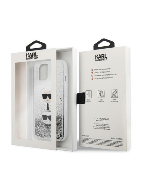 Karl Lagerfeld Liquid Glitter Karl&Choupette Head dėklas iPhone 13 mini - sidabrinis Karl Lagerfeld Liquid Glitter Karl&Choupette Head dėklas iPhone 13 mini - sidabrinis