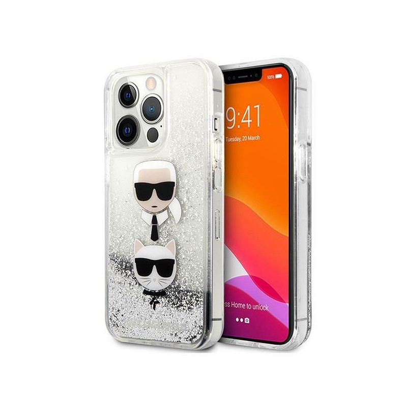 Karl Lagerfeld Liquid Glitter Karl&Choupette Head dėklas iPhone 13 Pro Max - sidabras Karl Lagerfeld Liquid Glitter Karl&Choupette Head dėklas iPhone 13 Pro Max - sidabras