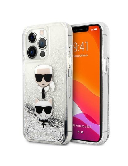 Karl Lagerfeld Liquid Glitter Karl&Choupette Head dėklas iPhone 13 Pro Max - sidabras Karl Lagerfeld Liquid Glitter Karl&Choupette Head dėklas iPhone 13 Pro Max - sidabras