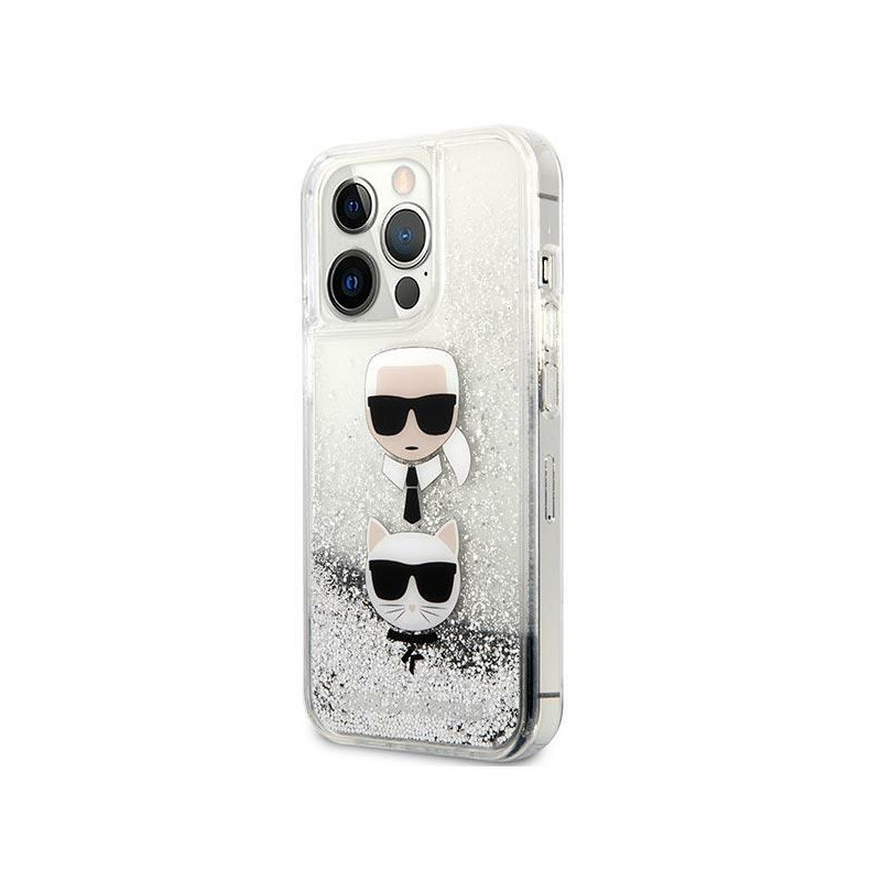Karl Lagerfeld Liquid Glitter Karl&Choupette Head dėklas iPhone 13 Pro Max - sidabras