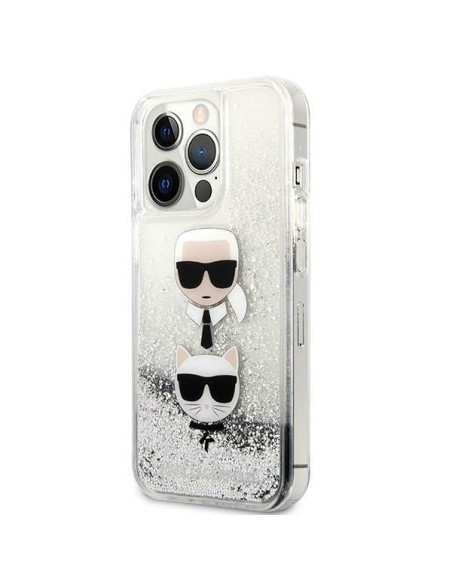 Karl Lagerfeld Liquid Glitter Karl&Choupette Head dėklas iPhone 13 Pro Max - sidabras Karl Lagerfeld Liquid Glitter Karl&Choupette Head dėklas iPhone 13 Pro Max - sidabras