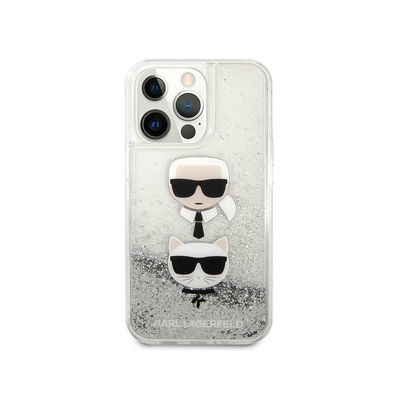 Karl Lagerfeld Liquid Glitter Karl&Choupette Head dėklas iPhone 13 Pro Max - sidabras