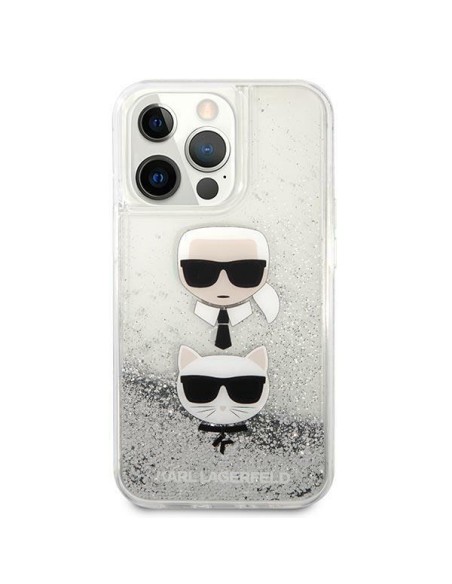 Karl Lagerfeld Liquid Glitter Karl&Choupette Head dėklas iPhone 13 Pro Max - sidabras Karl Lagerfeld Liquid Glitter Karl&Choupette Head dėklas iPhone 13 Pro Max - sidabras