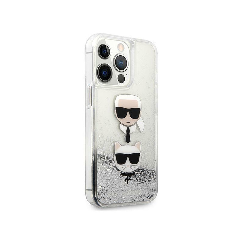 Karl Lagerfeld Liquid Glitter Karl&Choupette Head dėklas iPhone 13 Pro Max - sidabras