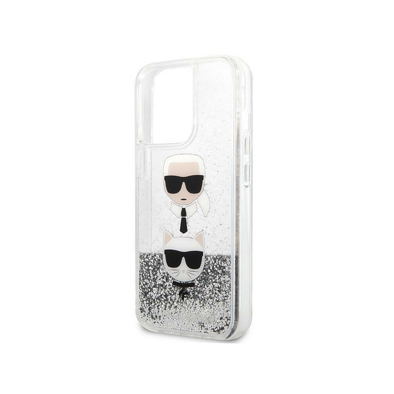 Karl Lagerfeld Liquid Glitter Karl&Choupette Head dėklas iPhone 13 Pro Max - sidabras
