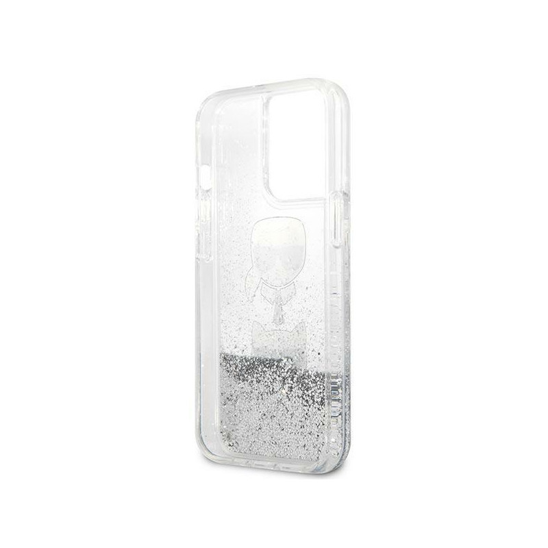 Karl Lagerfeld Liquid Glitter Karl&Choupette Head dėklas iPhone 13 Pro Max - sidabras