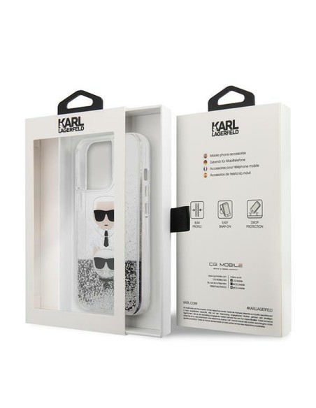 Karl Lagerfeld Liquid Glitter Karl&Choupette Head dėklas iPhone 13 Pro Max - sidabras Karl Lagerfeld Liquid Glitter Karl&Choupette Head dėklas iPhone 13 Pro Max - sidabras