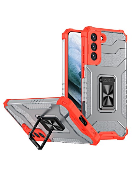 Crystal Ring Case šarvuotas hibridinis korpuso dangtelis + magnetinis laikiklis Samsung Galaxy S22+ (S22 Plus) raudonas