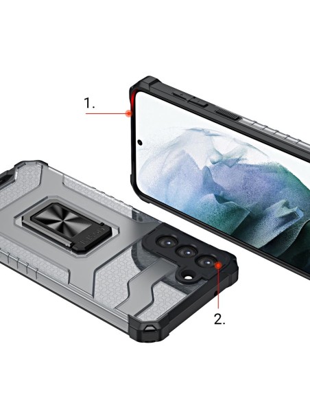 Crystal Ring Case šarvuotas hibridinis korpuso dangtelis + magnetinis laikiklis Samsung Galaxy S22+ (S22 Plus) raudonas