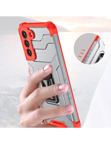 Crystal Ring Case šarvuotas hibridinis korpuso dangtelis + magnetinis laikiklis Samsung Galaxy S22+ (S22 Plus) raudonas