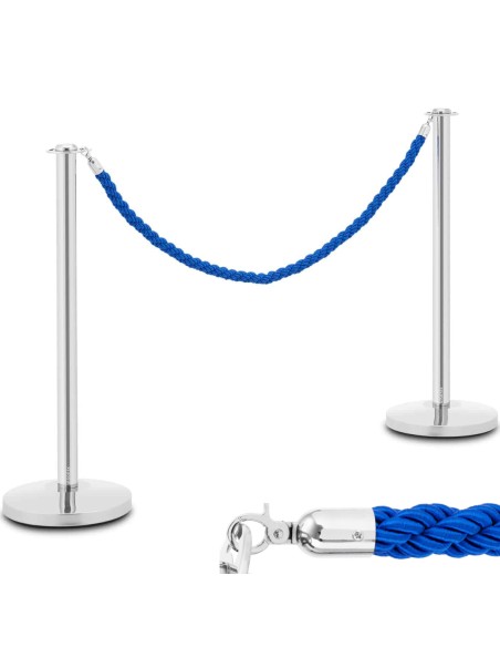 Sidabrinis viešbučio barjerinis stulpas su mėlyna virve 150 cm PLIENAS - 2 vnt.