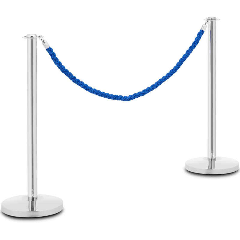 Sidabrinis viešbučio barjerinis stulpas su mėlyna virve 150 cm PLIENAS - 2 vnt.