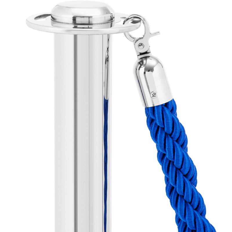 Sidabrinis viešbučio barjerinis stulpas su mėlyna virve 150 cm PLIENAS - 2 vnt.