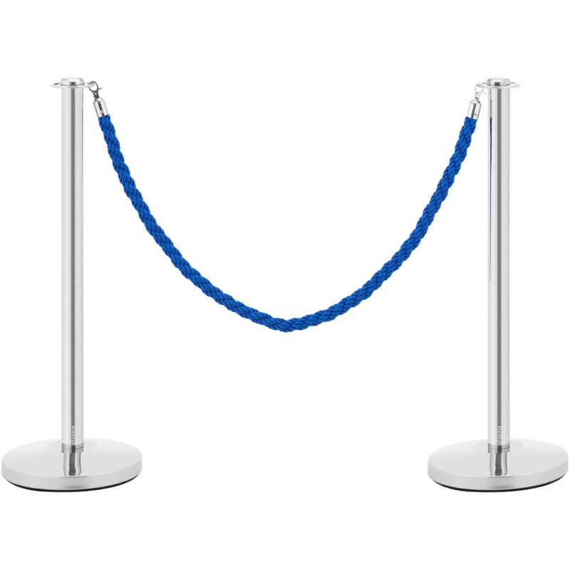 Sidabrinis viešbučio barjerinis stulpas su mėlyna virve 150 cm PLIENAS - 2 vnt.