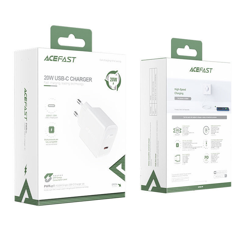 Acefast greitas USB Type C 20W Power Delivery sieninis įkroviklis baltas (A1 EU balta)