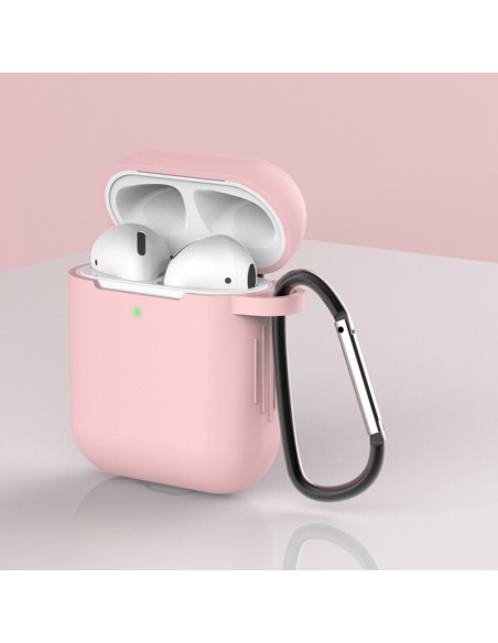 „AirPods 2“ / „AirPods 1“ silikoninis minkštas ausinių dangtelis + raktų pakabukas, karabinas, pakabukas, rožinis (dėkla...