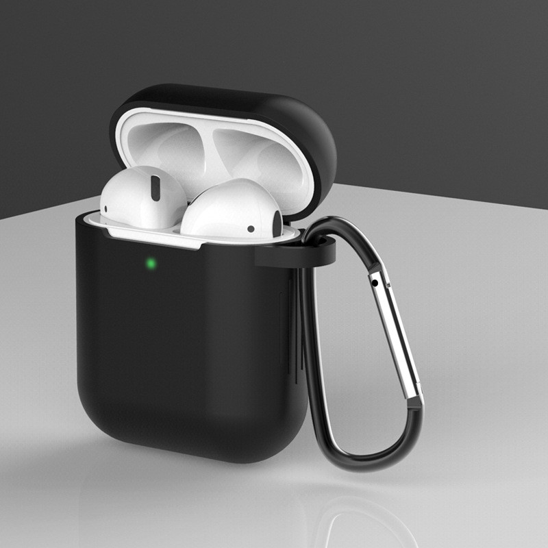 „AirPods 2“ / „AirPods 1“ silikoninis minkštas ausinių dangtelis + raktų pakabukas, juodas pakabukas su omarais (D dėkla...
