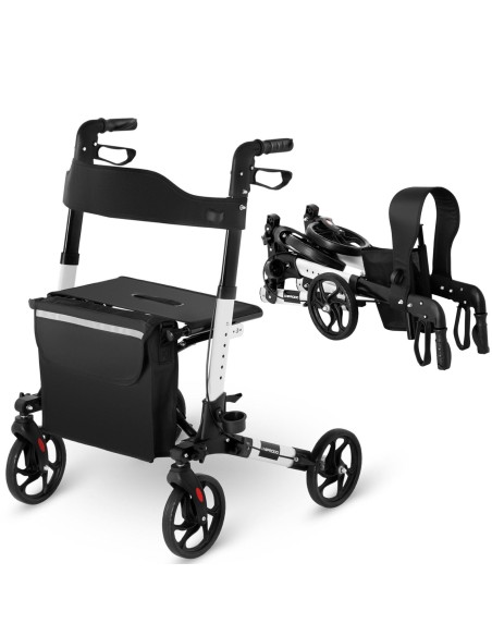 Keturratė vaikštynė senjorams su sėdyne ir krepšiu iki 136kg - balta