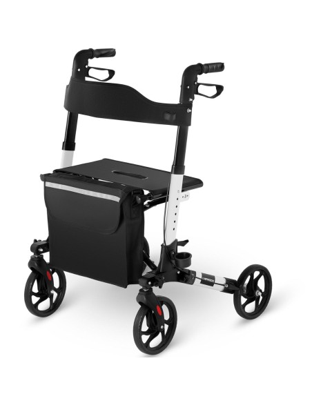 Keturratė vaikštynė senjorams su sėdyne ir krepšiu iki 136kg - balta