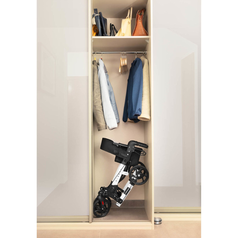 Keturratė vaikštynė senjorams su sėdyne ir krepšiu iki 136kg - balta