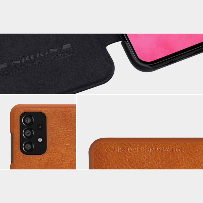 Nillkin Qin dėklas, skirtas Samsung Galaxy A33 5G fotoaparato apsaugai, dėklo dėklas, atverčiamas dėklas, juodas