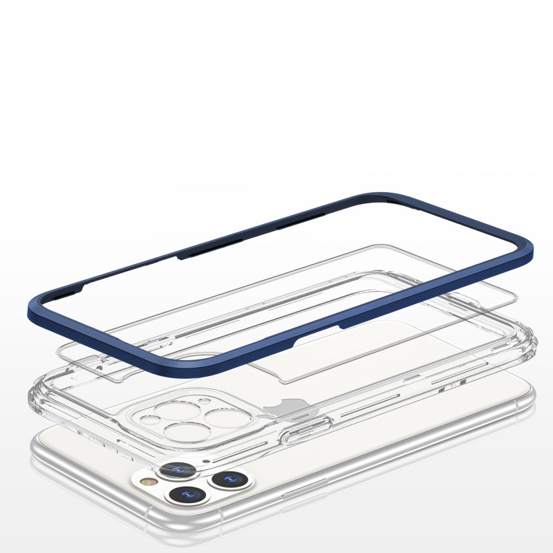 Skaidrus 3in1 dėklas skirtas iPhone 11 Pro Max, gelinis dangtelis su rėmeliu, mėlynas