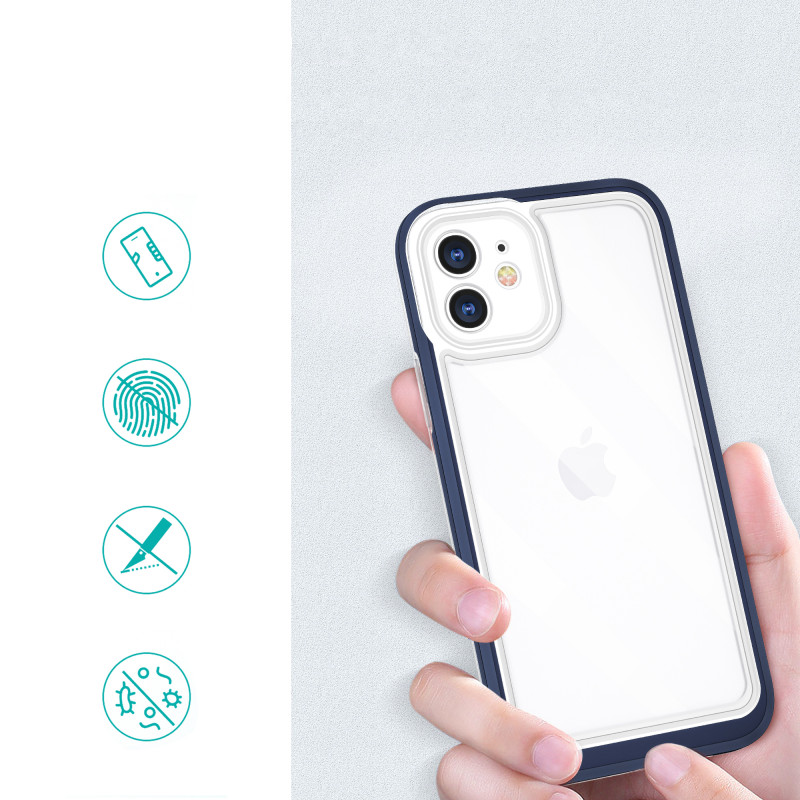 Skaidrus 3in1 dėklas skirtas iPhone 12, gelinis dangtelis su rėmeliu, mėlynas