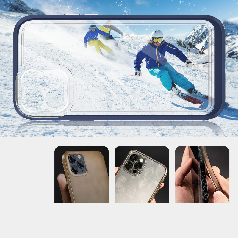 Skaidrus 3in1 dėklas skirtas iPhone 12, gelinis dangtelis su rėmeliu, mėlynas