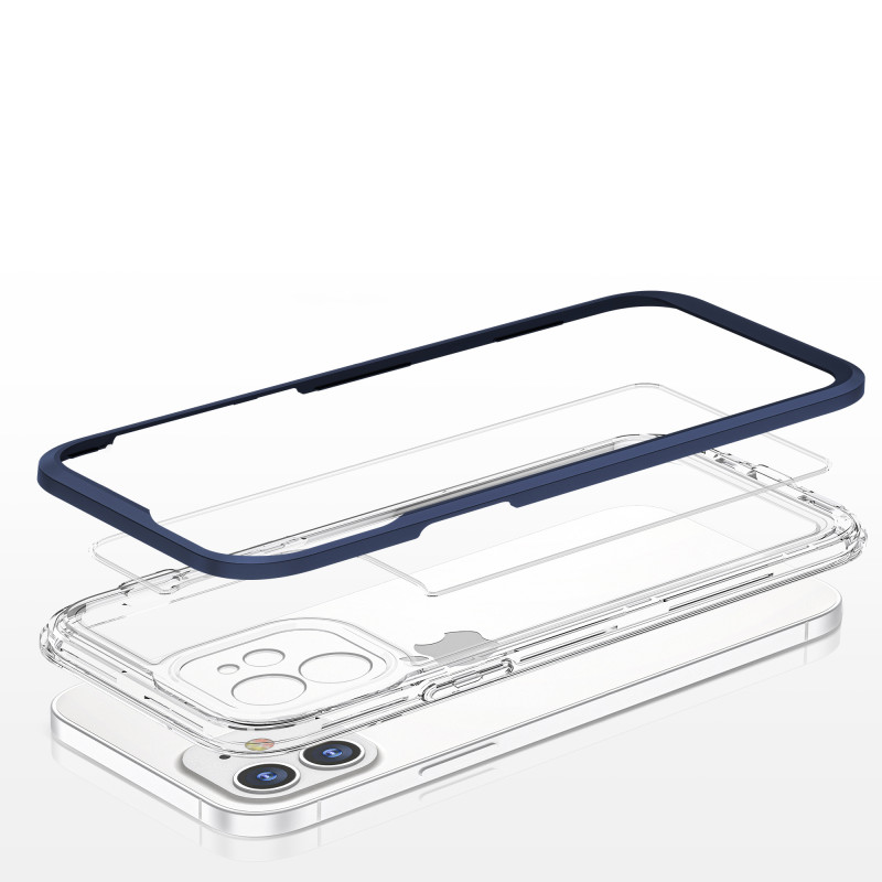 Skaidrus 3in1 dėklas skirtas iPhone 12, gelinis dangtelis su rėmeliu, mėlynas