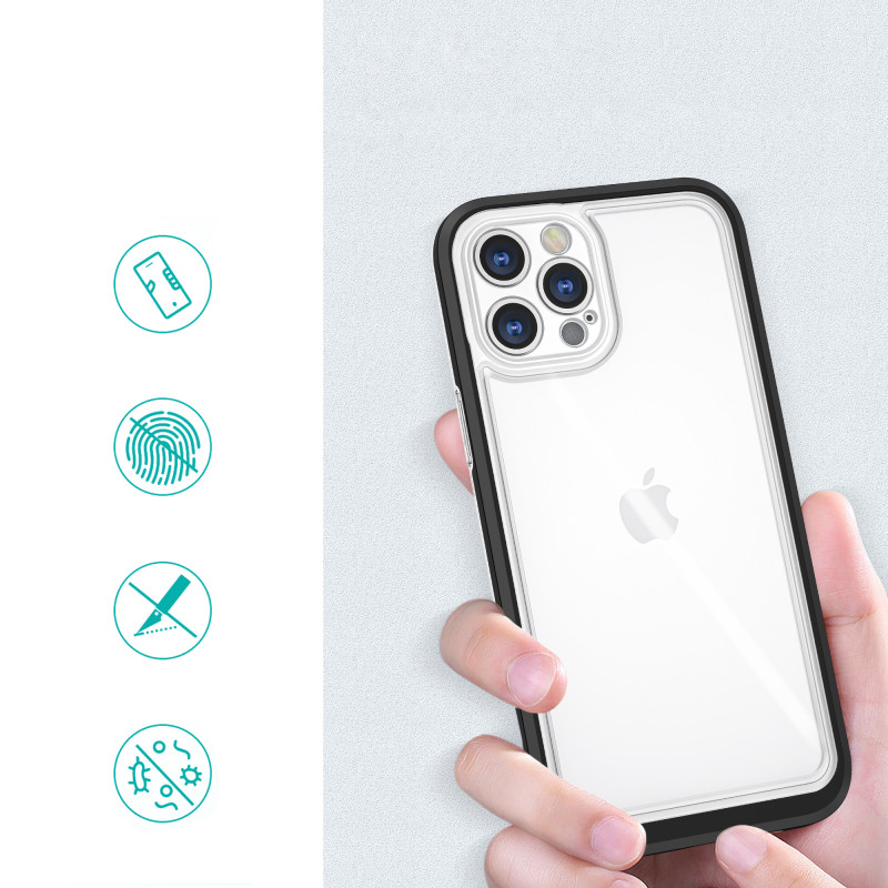 Skaidrus 3in1 dėklas skirtas iPhone 12 Pro, gelinis dangtelis su rėmeliu, juodas