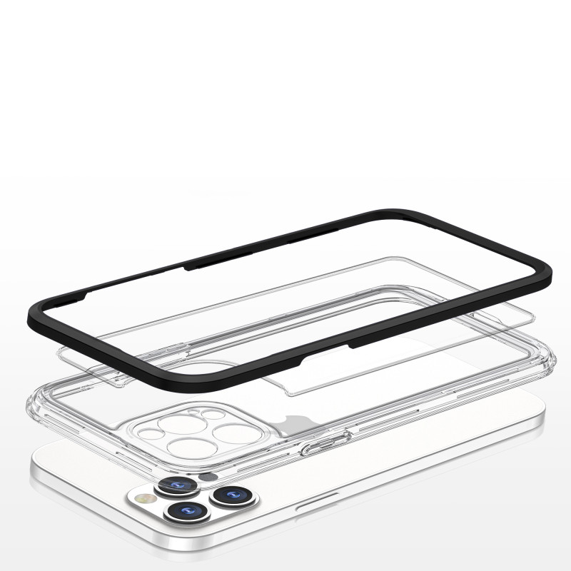 Skaidrus 3in1 dėklas skirtas iPhone 12 Pro, gelinis dangtelis su rėmeliu, juodas