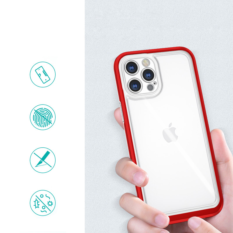 Skaidrus 3in1 dėklas skirtas iPhone 12 Pro Max, gelinis dangtelis su raudonu rėmeliu